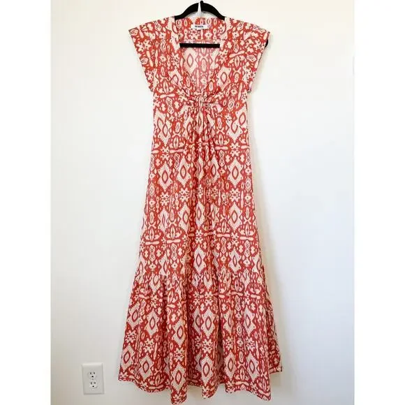 Evereve BB Dakota Emersyn Tiered Midi Dress XS Deep V-Neck Batik Cotton Spring - Picture 5 of 16